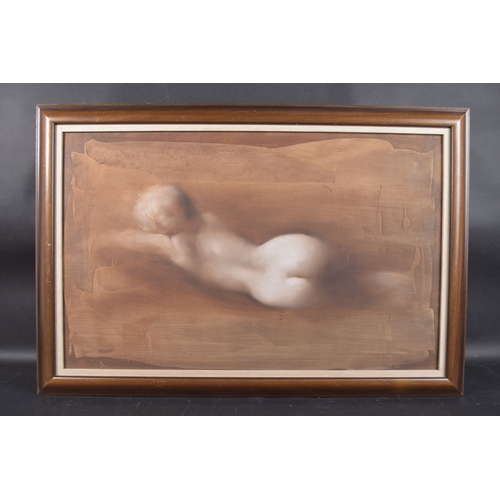 290 - EVA KARPATI (HUNGARIAN b.1936) Reclining nude, oil on board, gallery label verso, signed, 19.25 x 31... 