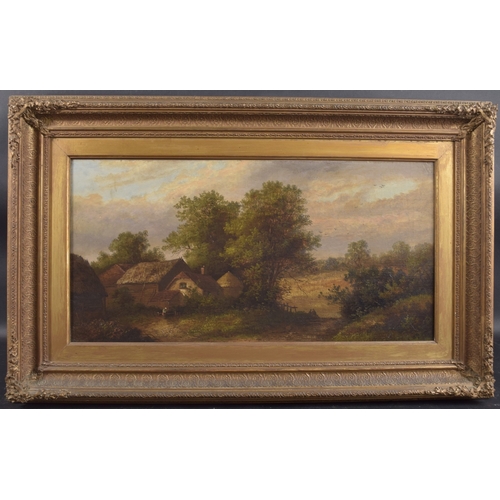 291 - VICTORIAN SCHOOL Evening scene of farm buildings and seated figures in a woodland setting, oil on ca... 