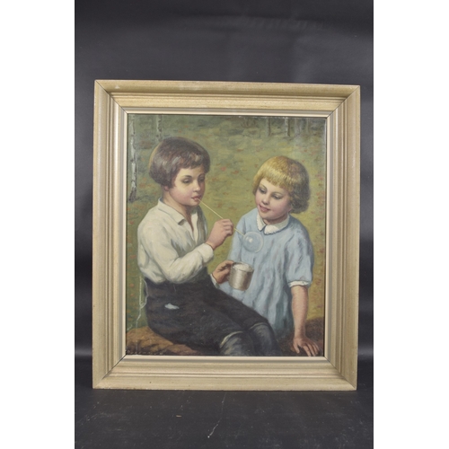 293 - ROSZAK (20TH CENTURY) Children blowing bubbles, oil on canvas, signed, 23.75