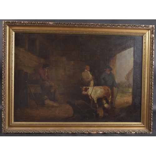 302 - ATTRIBUTED TO GEORGE MORELAND Stable interior with gentlemen and cattle, oil on board, 17.25