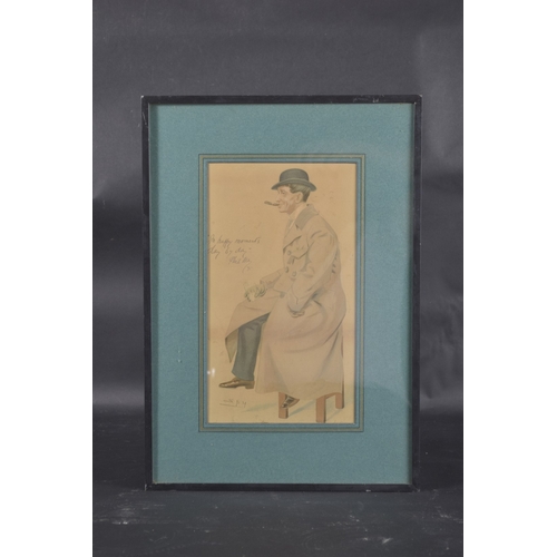 55 - SPY LATE 19TH CENTURY City gentleman with glass in hand seated on a bar stool, coloured print, inscr... 