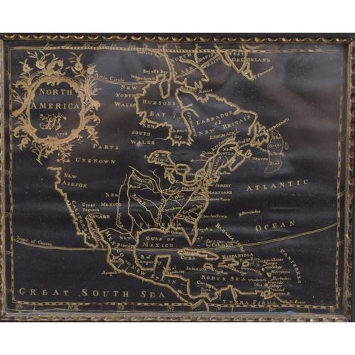 66 - PAIR OF 18TH CENTURY PRINTED MAPS North and South America, a pair of gilt on black woven cloth, poss... 