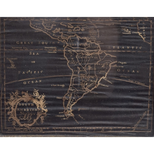 66 - PAIR OF 18TH CENTURY PRINTED MAPS North and South America, a pair of gilt on black woven cloth, poss... 