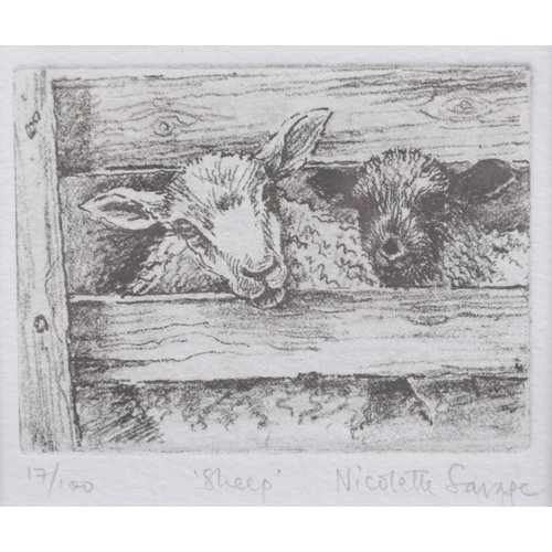 76 - NICOLETTE SAVAGE (CONTEMPORARY) Sheep, limited edition etching of sheep in a pen, signed in pencil, ... 