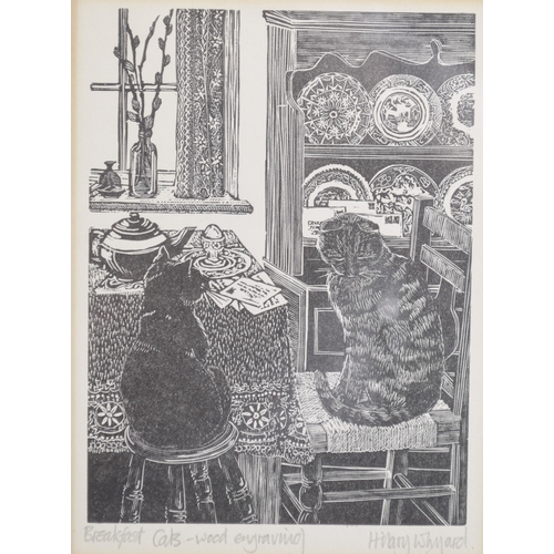 77 - HILARY WHYARD (CONTEMPORARY) 'Breakfast Cats' wood engraving, signed in pencil, 5.75