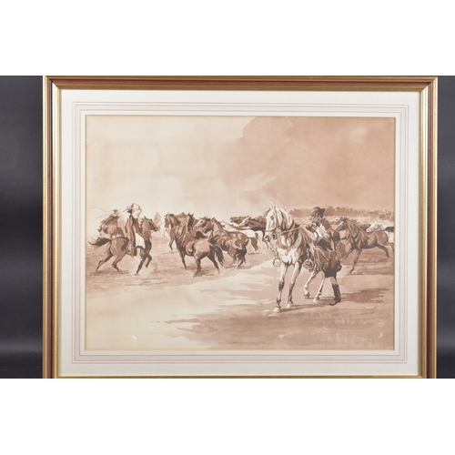 89 - 20TH CENTURY HUNGARIAN SCHOOL Herding horses on the Hungarian Puszta, sepia monochrome watercolour, ... 