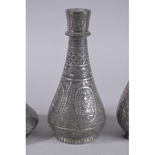 100 - A COLLECTION OF THREE 18TH-19TH CENTURY INDIAN BIDRI BOTTLE VASES / HUQQA BASES, tallest 24cm high (... 