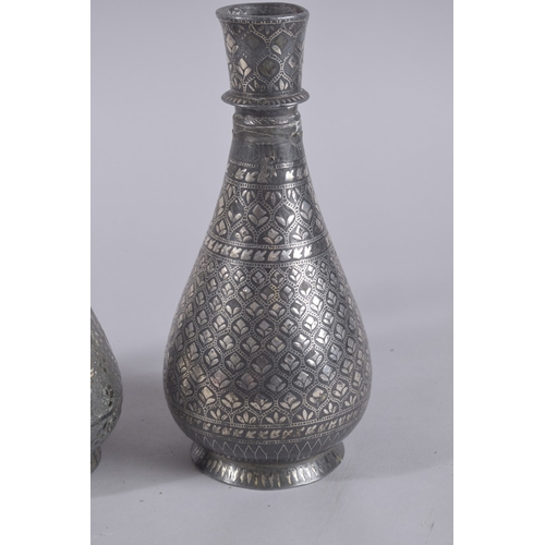 100 - A COLLECTION OF THREE 18TH-19TH CENTURY INDIAN BIDRI BOTTLE VASES / HUQQA BASES, tallest 24cm high (... 