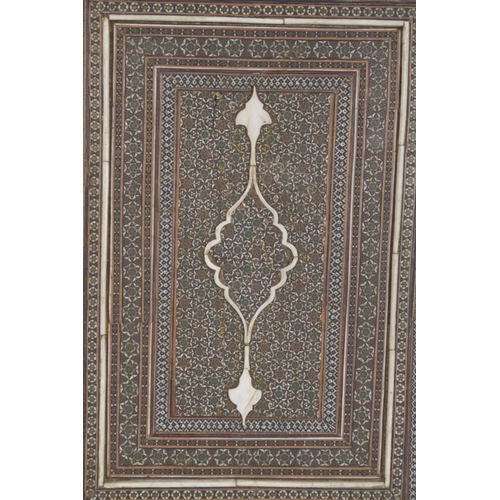 112 - A FINE LARGE 19TH CENTURY PERSIAN QAJAR MOSIAC BONE INLAID MIRROR FRAME, 38cm x 29cm.