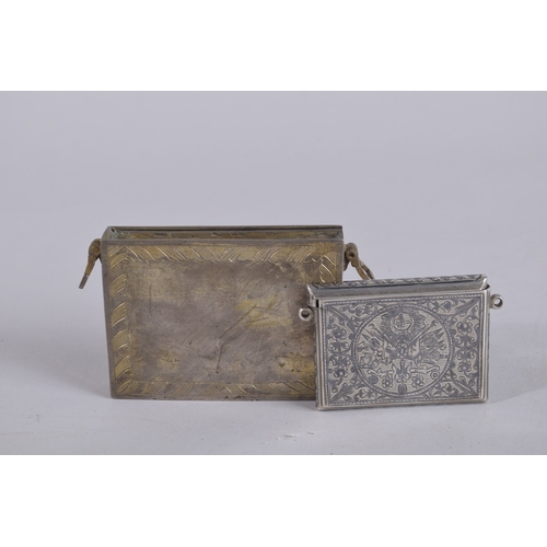 114 - A VERY FINE 19TH CENTURY OTTOMAN TURKISH NIELLO INLAID SILVER AMULET CASE, and another larger gilt m... 