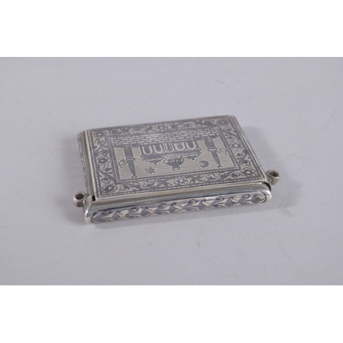 114 - A VERY FINE 19TH CENTURY OTTOMAN TURKISH NIELLO INLAID SILVER AMULET CASE, and another larger gilt m... 