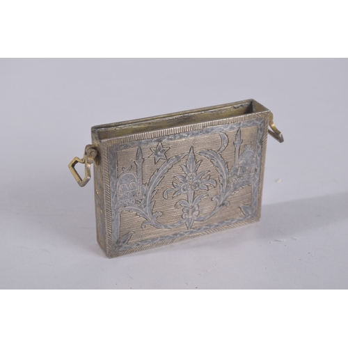 114 - A VERY FINE 19TH CENTURY OTTOMAN TURKISH NIELLO INLAID SILVER AMULET CASE, and another larger gilt m... 