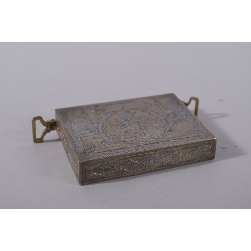 114 - A VERY FINE 19TH CENTURY OTTOMAN TURKISH NIELLO INLAID SILVER AMULET CASE, and another larger gilt m... 