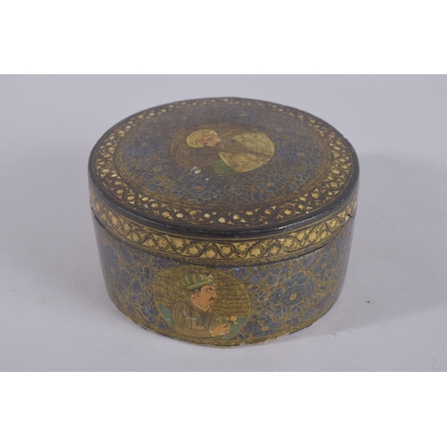 115 - AN UNUSUAL 19TH CENTURY INDIAN KASHMIRI ROUND BOX, depicting Indian rulers and floral decoration, 17... 