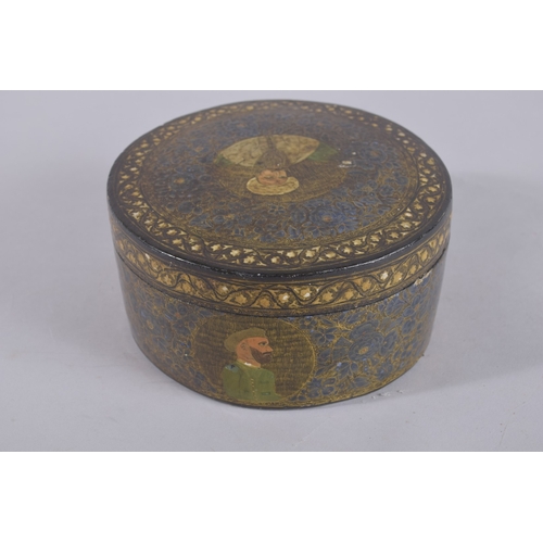 115 - AN UNUSUAL 19TH CENTURY INDIAN KASHMIRI ROUND BOX, depicting Indian rulers and floral decoration, 17... 