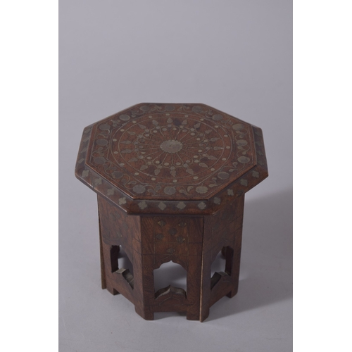 116 - AN UNUSUAL 19TH CENTURY INDIAN HOSHIAPUR BRASS INLAID MINIATURE WOODEN TABLE AND ARMCHAIR, probably ... 