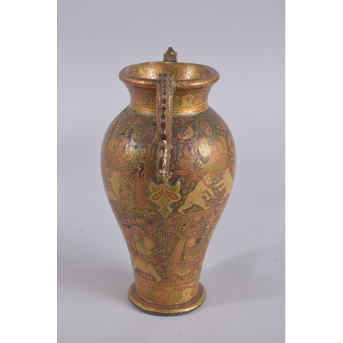 124 - A VERY FINE 19TH CENTURY INDIAN KASHMIRI LACQUERED PAPIER MACHE TWIN HANDLE VASE, the handles formed... 