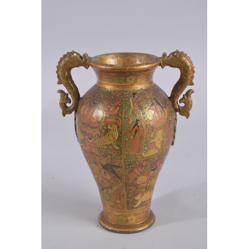 124 - A VERY FINE 19TH CENTURY INDIAN KASHMIRI LACQUERED PAPIER MACHE TWIN HANDLE VASE, the handles formed... 