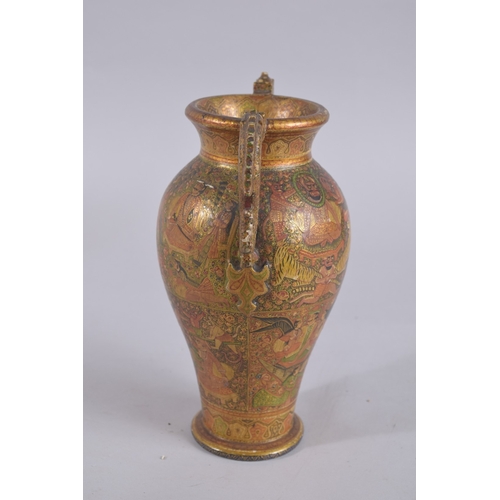 124 - A VERY FINE 19TH CENTURY INDIAN KASHMIRI LACQUERED PAPIER MACHE TWIN HANDLE VASE, the handles formed... 