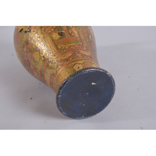 124 - A VERY FINE 19TH CENTURY INDIAN KASHMIRI LACQUERED PAPIER MACHE TWIN HANDLE VASE, the handles formed... 