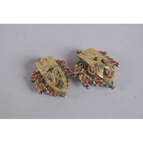 125 - A PAIR OF 19TH CENTURY INDIAN ENAMELLED GOLD EARRINGS, set with clear stones.