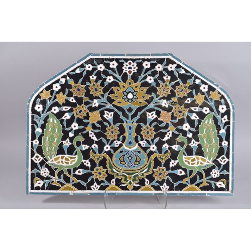 132 - A VERY FINE AND LARGE PERSIAN MOSAIC INLAID TILE, depicting two peacocks and central vase, 74cm wide... 