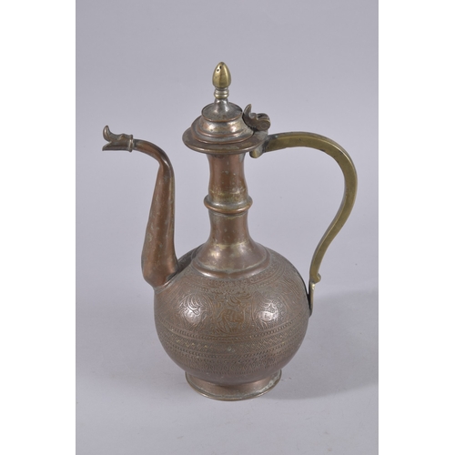 238 - A LATE 19TH / EARLY 20TH CENTURY IRAN OR AFGHANISTAN COPPER AND BRASS LIDDED EWER, 36cm high.