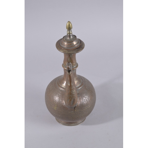 238 - A LATE 19TH / EARLY 20TH CENTURY IRAN OR AFGHANISTAN COPPER AND BRASS LIDDED EWER, 36cm high.