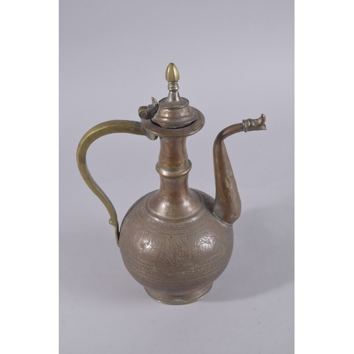 238 - A LATE 19TH / EARLY 20TH CENTURY IRAN OR AFGHANISTAN COPPER AND BRASS LIDDED EWER, 36cm high.