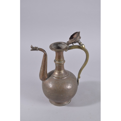 238 - A LATE 19TH / EARLY 20TH CENTURY IRAN OR AFGHANISTAN COPPER AND BRASS LIDDED EWER, 36cm high.