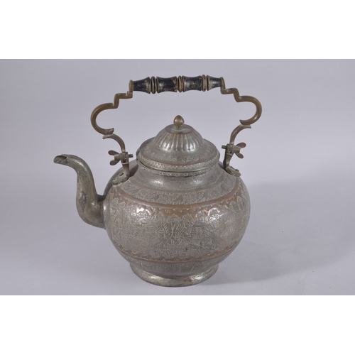 239 - A LARGE 19TH CENTURY PERSIAN QAJAR TINNED COPPER TEAPOT, with hinged handle, 31cm high.