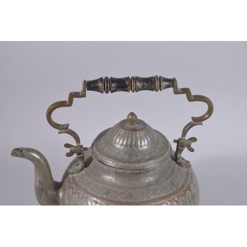 239 - A LARGE 19TH CENTURY PERSIAN QAJAR TINNED COPPER TEAPOT, with hinged handle, 31cm high.