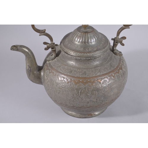 239 - A LARGE 19TH CENTURY PERSIAN QAJAR TINNED COPPER TEAPOT, with hinged handle, 31cm high.