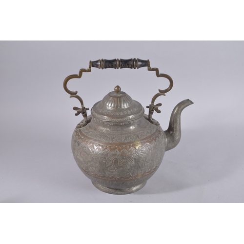 239 - A LARGE 19TH CENTURY PERSIAN QAJAR TINNED COPPER TEAPOT, with hinged handle, 31cm high.