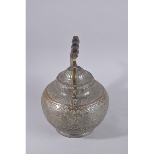 239 - A LARGE 19TH CENTURY PERSIAN QAJAR TINNED COPPER TEAPOT, with hinged handle, 31cm high.