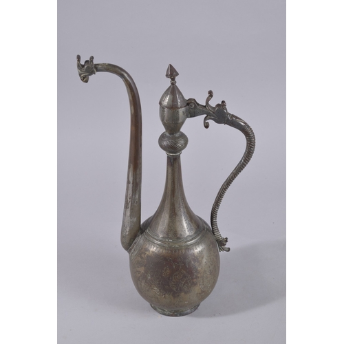 240 - A 17TH-18TH CENTURY LATE SAFAVID TINNED COPPER EWER, 43cm high.