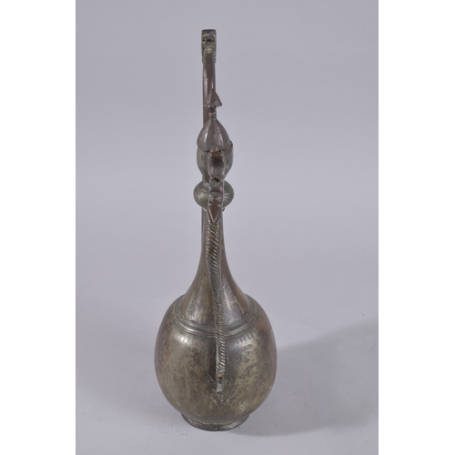 240 - A 17TH-18TH CENTURY LATE SAFAVID TINNED COPPER EWER, 43cm high.