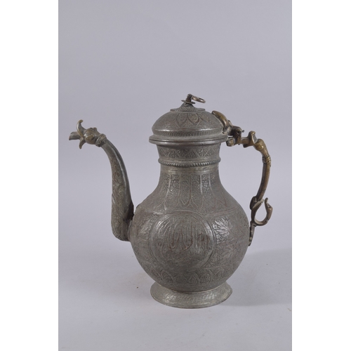 243 - AN EARLY 20TH CENTURY AFGHAN ENGRAVED BRONZE LIDDED EWER, with calligraphic roundel to each side, 34... 