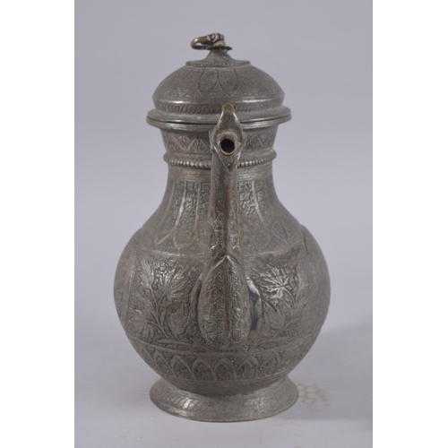 243 - AN EARLY 20TH CENTURY AFGHAN ENGRAVED BRONZE LIDDED EWER, with calligraphic roundel to each side, 34... 