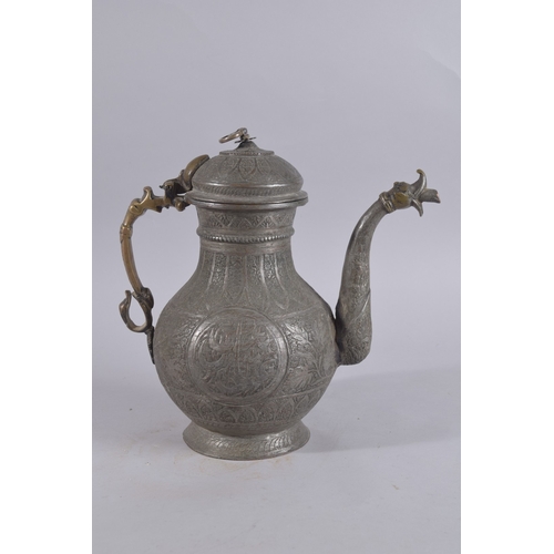 243 - AN EARLY 20TH CENTURY AFGHAN ENGRAVED BRONZE LIDDED EWER, with calligraphic roundel to each side, 34... 