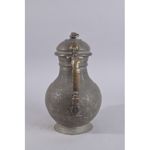 243 - AN EARLY 20TH CENTURY AFGHAN ENGRAVED BRONZE LIDDED EWER, with calligraphic roundel to each side, 34... 