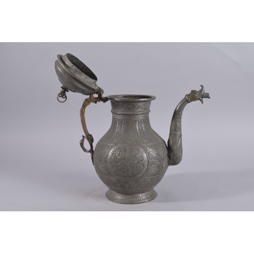 243 - AN EARLY 20TH CENTURY AFGHAN ENGRAVED BRONZE LIDDED EWER, with calligraphic roundel to each side, 34... 