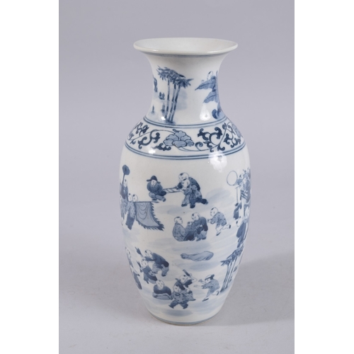 263 - A CHINESE BLUE AND WHITE PORCELAIN VASE, decorated with a scene of multiple boys in a garden, four-c... 