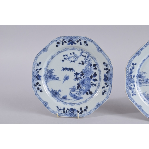 39 - A PAIR OF 18TH CENTURY CHINESE BLUE AND WHITE PORCELAIN DISHES, painted with flora and cranes, 22.5c... 