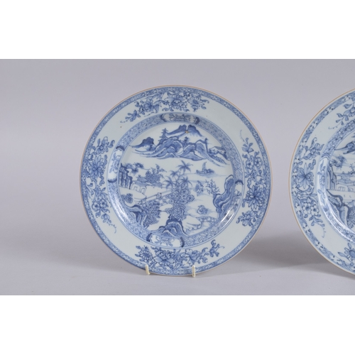 40 - A PAIR OF 18TH CENTURY CHINESE BLUE AND WHITE PORCELAIN DISHES, painted with landscape scenes and fl... 