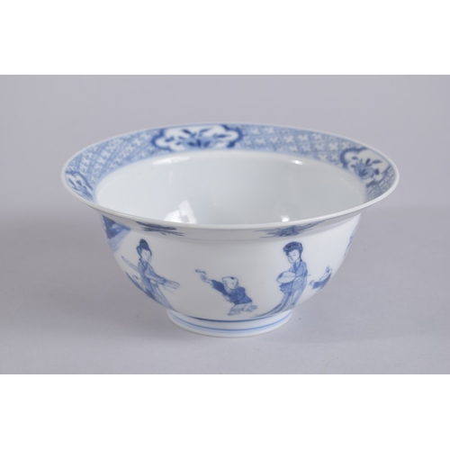 42 - A CHINESE KANGXI PERIOD BLUE AND WHITE PORCELAIN BOWL, painted with female figures and boys, the bas... 