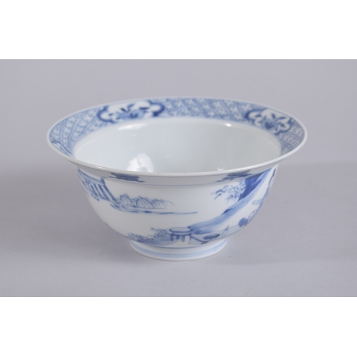 42 - A CHINESE KANGXI PERIOD BLUE AND WHITE PORCELAIN BOWL, painted with female figures and boys, the bas... 