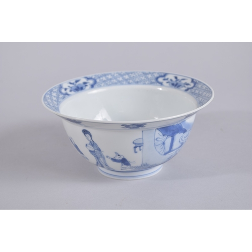 42 - A CHINESE KANGXI PERIOD BLUE AND WHITE PORCELAIN BOWL, painted with female figures and boys, the bas... 