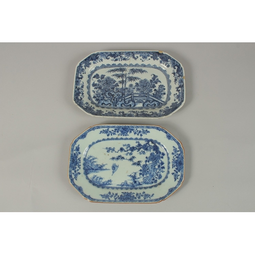 439 - TWO CHINESE BLUE AND WHITE PORCELAIN SQUARE FORM DISHES, (af), largest 26.5cm x 17.5cm.