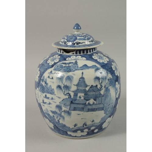 443 - A CHINESE BLUE AND WHITE PORCELAIN GINGER JAR AND COVER, the base with six-character mark, 28cm high... 